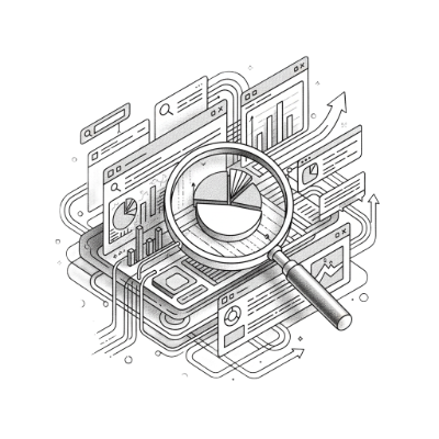 Person analyzing AI-generated content discovery with magnifying glass over networked documents